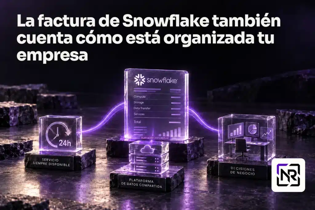 Una factura conceptual conecta disponibilidad continua, plataforma compartida y decisiones de negocio. Título del artículo e isotipo de Nicolau Roca.