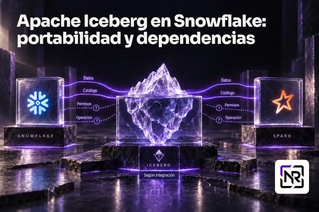 Iceberg conecta motores mediante datos y catálogo; permisos y operación requieren comprobar cada integración. Título del artículo e isotipo de Nicolau Roca.