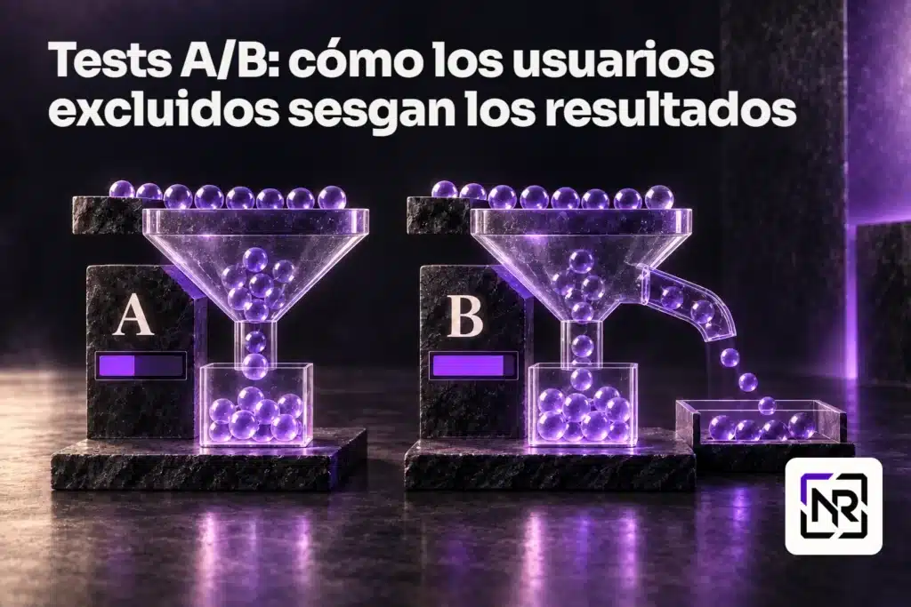 Dos embudos A/B representan grupos comparados; uno pierde usuarios antes de medir el resultado. Título del artículo e isotipo de Nicolau Roca.