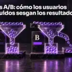 Dos embudos A/B representan grupos comparados; uno pierde usuarios antes de medir el resultado. Título del artículo e isotipo de Nicolau Roca.
