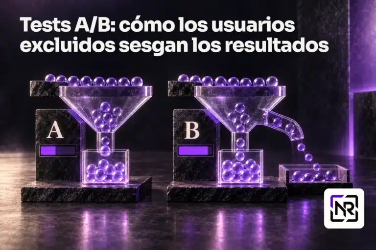 Dos embudos A/B representan grupos comparados; uno pierde usuarios antes de medir el resultado. Título del artículo e isotipo de Nicolau Roca.