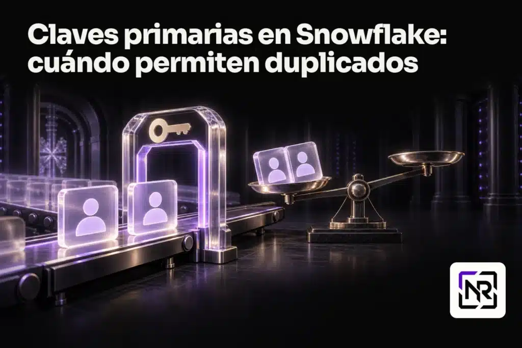Dos fichas de cliente idénticas atraviesan un arco con una llave y reaparecen sobre el plato inclinado de una balanza. Portada: Claves primarias en Snowflake: cuándo permiten duplicados.