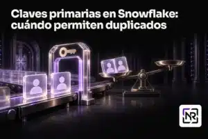 Dos fichas de cliente idénticas atraviesan un arco con una llave y reaparecen sobre el plato inclinado de una balanza. Portada: Claves primarias en Snowflake: cuándo permiten duplicados.