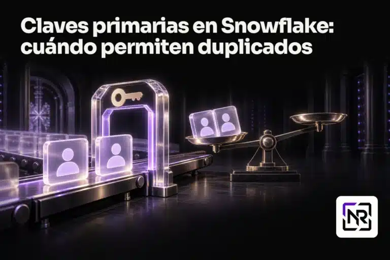 Dos fichas de cliente idénticas atraviesan un arco con una llave y reaparecen sobre el plato inclinado de una balanza. Portada: Claves primarias en Snowflake: cuándo permiten duplicados.