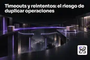 Una señal violeta llega a un paquete ya entregado mientras su señal de confirmación queda interrumpida entre dos plataformas. Portada: Timeouts y reintentos: el riesgo de duplicar operaciones.