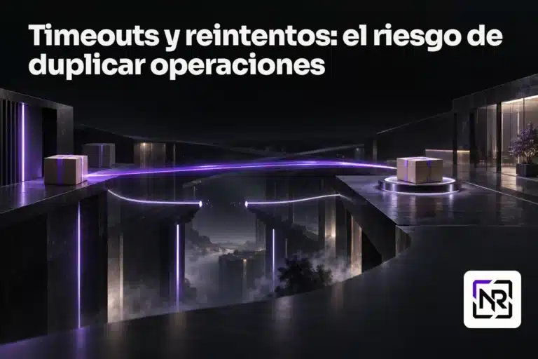 Una señal violeta llega a un paquete ya entregado mientras su señal de confirmación queda interrumpida entre dos plataformas. Portada: Timeouts y reintentos: el riesgo de duplicar operaciones.