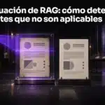 Un haz violeta destaca una página envejecida de un archivo mientras una versión más reciente queda fuera del foco. Portada: Evaluación de RAG: cómo detectar fuentes que no son aplicables.