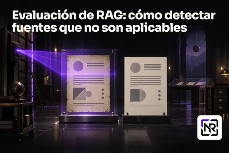 Un haz violeta destaca una página envejecida de un archivo mientras una versión más reciente queda fuera del foco. Portada: Evaluación de RAG: cómo detectar fuentes que no son aplicables.