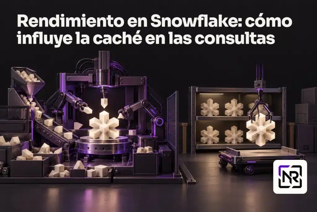 Una máquina ensambla una pieza mientras otra ruta recupera una pieza terminada de una estantería. Portada: Rendimiento en Snowflake: cómo influye la caché en las consultas.