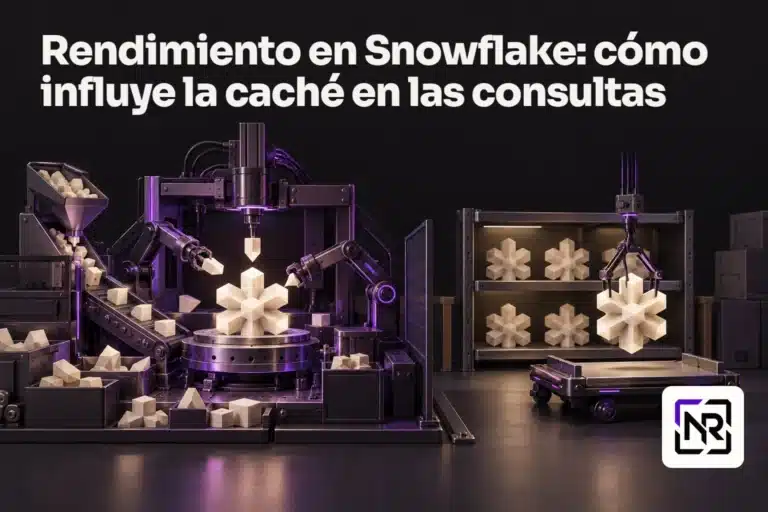 Una máquina ensambla una pieza mientras otra ruta recupera una pieza terminada de una estantería. Portada: Rendimiento en Snowflake: cómo influye la caché en las consultas.