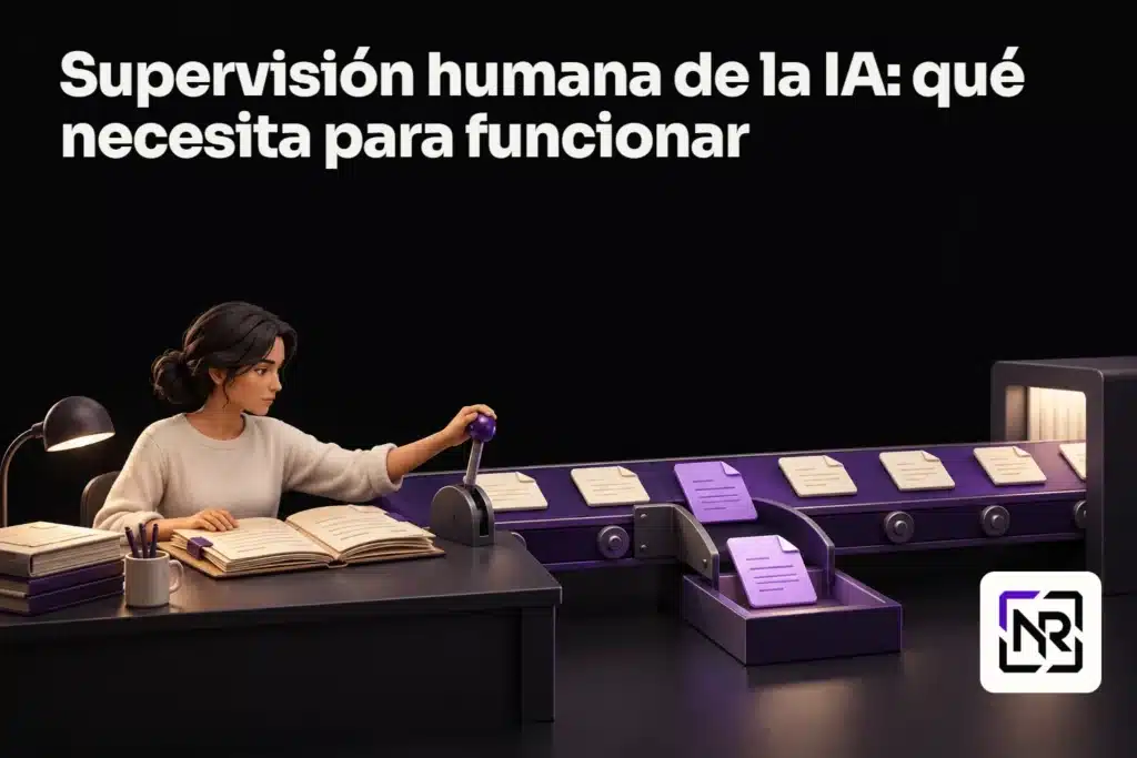 Una persona observa expedientes que avanzan por una cinta violeta y acciona una palanca que desvía una pieza antes de la salida. Portada: Supervisión humana de la IA: qué necesita para funcionar