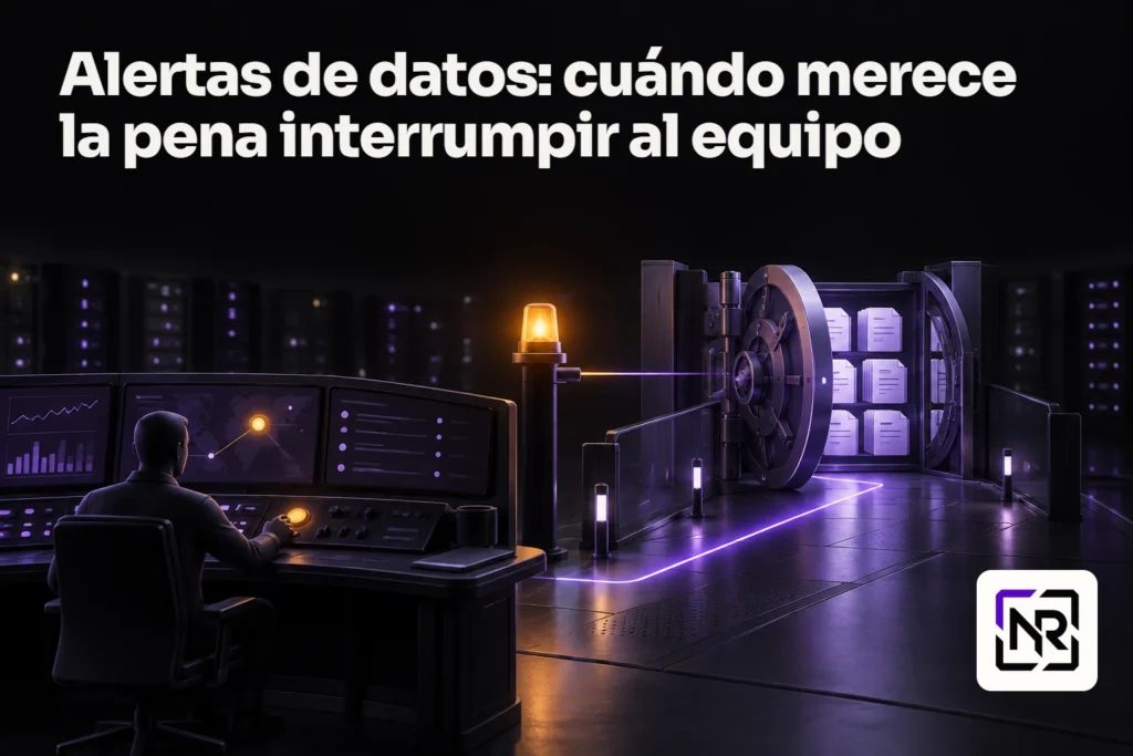 Una persona ante una consola observa una señal ámbar conectada con una compuerta abierta que contiene expedientes; una ruta violeta une el puesto con la compuerta. Portada: Alertas de datos: cuándo merece la pena interrumpir al equipo.