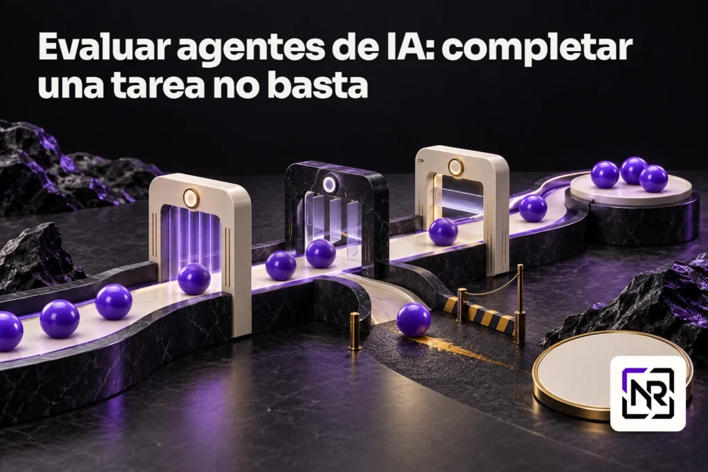 Esferas violetas recorren una pista con tres controles; una esfera se ha desviado hacia una salida lateral y deja una marca ámbar. Portada: Evaluar agentes de IA: completar una tarea no basta.
