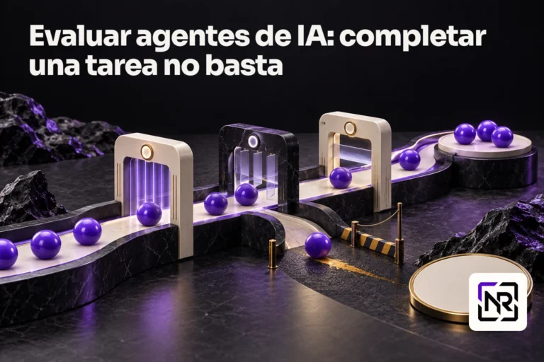 Esferas violetas recorren una pista con tres controles; una esfera se ha desviado hacia una salida lateral y deja una marca ámbar. Portada: Evaluar agentes de IA: completar una tarea no basta.