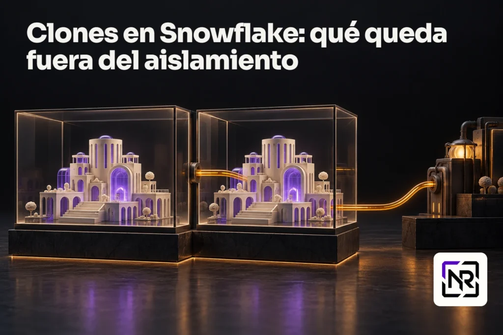 Dos vitrinas contienen la misma maqueta violeta; un cable atraviesa la separación y conecta la segunda con un mecanismo exterior. Portada: Clones en Snowflake: qué queda fuera del aislamiento.