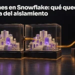 Dos vitrinas contienen la misma maqueta violeta; un cable atraviesa la separación y conecta la segunda con un mecanismo exterior. Portada: Clones en Snowflake: qué queda fuera del aislamiento.