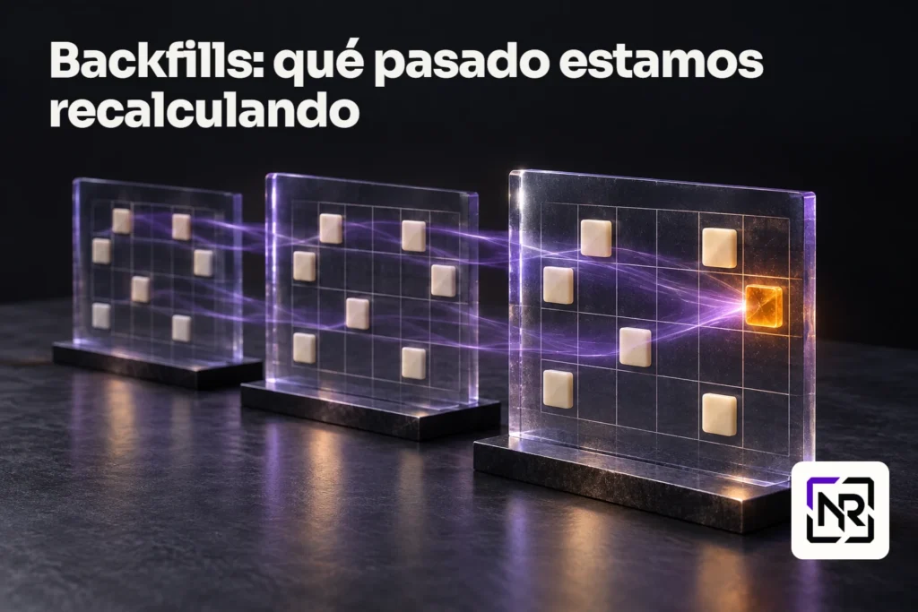 Tres láminas transparentes de un mismo calendario se superponen sobre una mesa; una pieza ámbar aparece solo en la lámina más reciente. Portada: Backfills: qué pasado estamos recalculando.