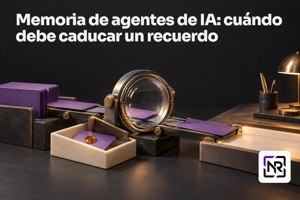 Un archivo de fichas violetas alimenta una lente de revisión; una ficha con sello ámbar queda retenida mientras otra continúa hacia una mesa de trabajo. Portada: Memoria de agentes de IA: cuándo debe caducar un recuerdo.