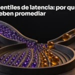 Dos canales de distinta anchura transportan muchas esferas pequeñas violetas y unas pocas grandes ámbar hacia una bandeja común de medición. Portada: Percentiles de latencia: por qué no se deben promediar.