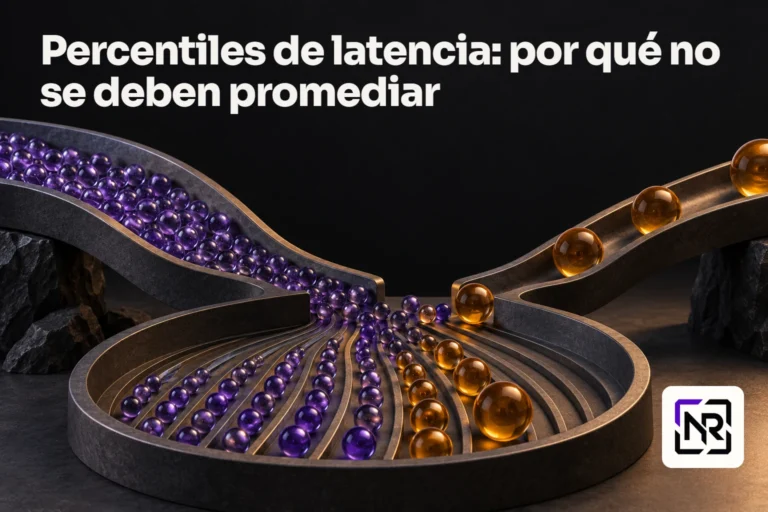 Dos canales de distinta anchura transportan muchas esferas pequeñas violetas y unas pocas grandes ámbar hacia una bandeja común de medición. Portada: Percentiles de latencia: por qué no se deben promediar.