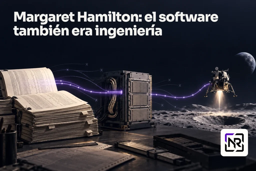 Ilustración conceptual: listados de software conectan con un ordenador y un módulo lunar mediante una ruta violeta, mientras se apagan rutas secundarias. Portada: Margaret Hamilton: el software también era ingeniería.