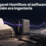 Ilustración conceptual: listados de software conectan con un ordenador y un módulo lunar mediante una ruta violeta, mientras se apagan rutas secundarias. Portada: Margaret Hamilton: el software también era ingeniería.