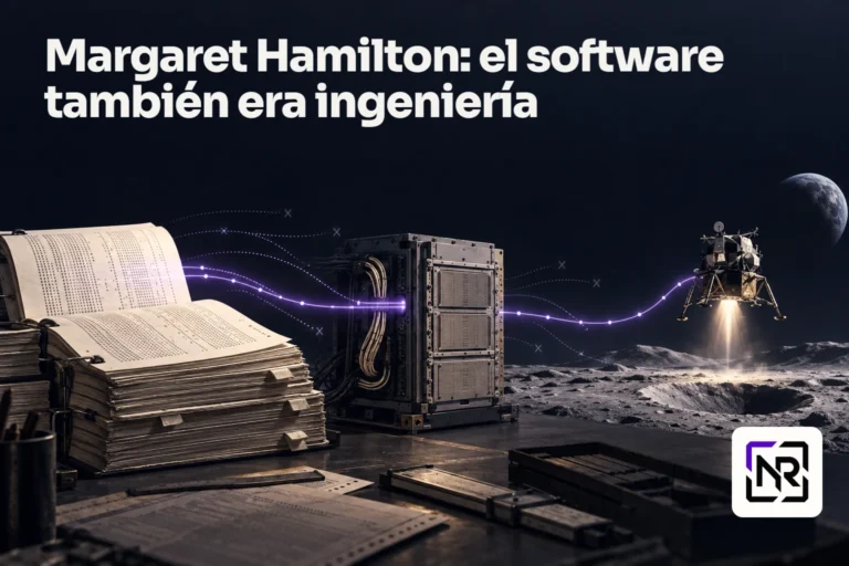 Ilustración conceptual: listados de software conectan con un ordenador y un módulo lunar mediante una ruta violeta, mientras se apagan rutas secundarias. Portada: Margaret Hamilton: el software también era ingeniería.