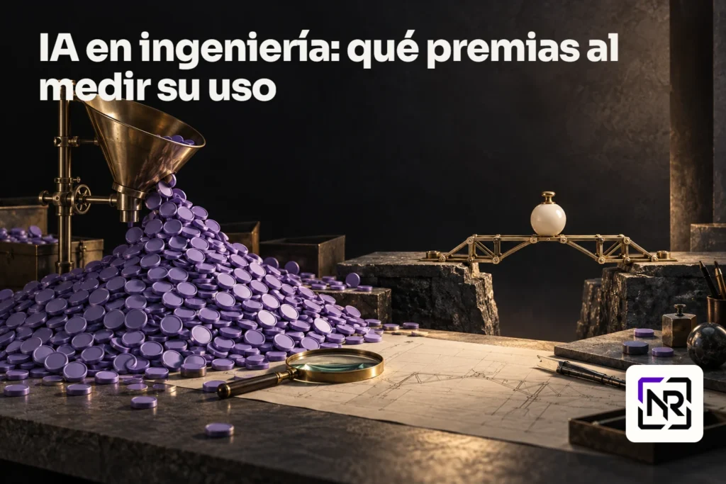 Un embudo vierte muchas fichas violetas mientras un pequeño puente terminado sostiene una carga, contraponiendo actividad medida y resultado útil.