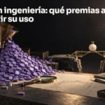 Un embudo vierte muchas fichas violetas mientras un pequeño puente terminado sostiene una carga, contraponiendo actividad medida y resultado útil.