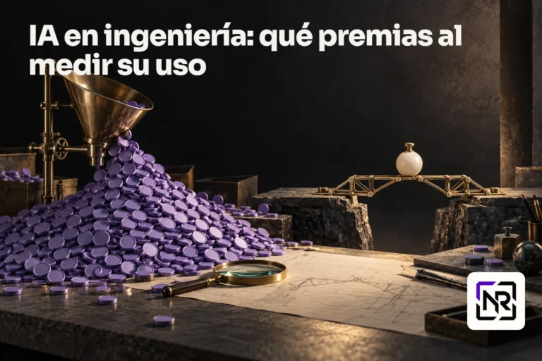 Un embudo vierte muchas fichas violetas mientras un pequeño puente terminado sostiene una carga, contraponiendo actividad medida y resultado útil.