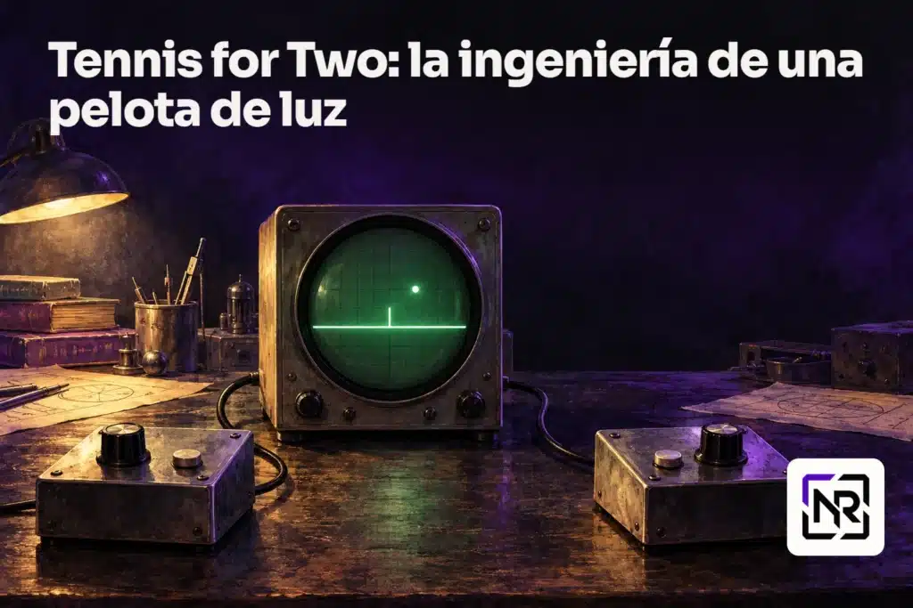 Ilustración generada: un osciloscopio con una pelota luminosa entre dos mandos sobre una mesa; no reproduce un aparato histórico exacto.